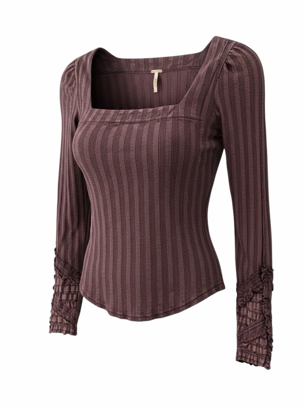 Free People🪷 Square-Neck Ribbed Long Sleeve Top🪷Distressed by Design🪷Boho Chic🪷